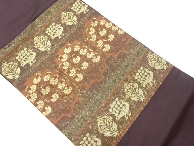 JAPANESE NAGOYA OBI / WOVEN ABSTRACT PEACOCK & FLORAL PLANTS